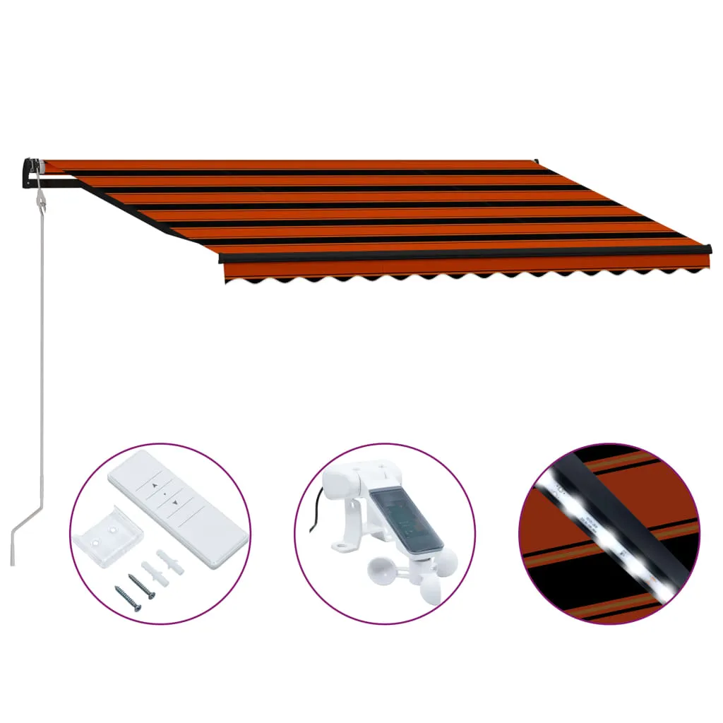 Gelenkarmmarkise, Einziehbare Markise mit Windsensor & LED 450x300cm Orange Braun|Sonnenschutz, Anti-UV und wasserfest
